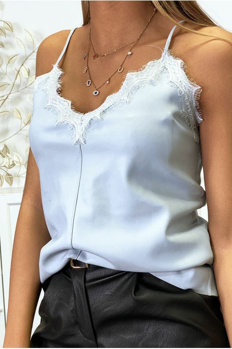 Top débardeur bleu en simili avec dentelle au col - 2
