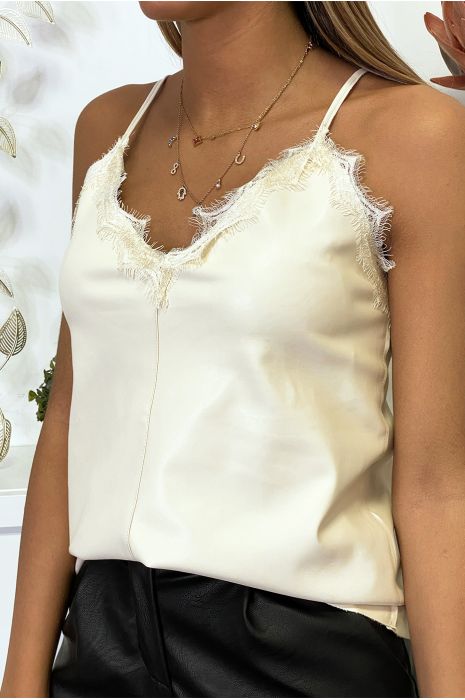 Top débardeur beige en simili avec dentelle au col - 2