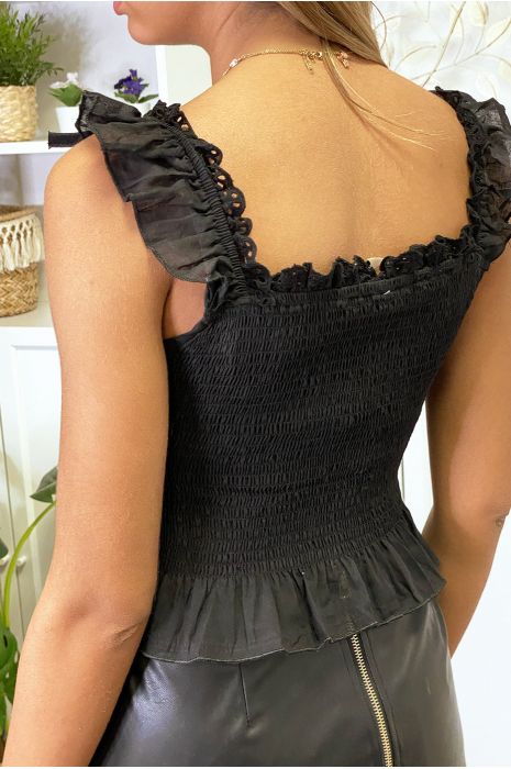 Crop top noir à volants en broderie et col plongeant à nouer - 4