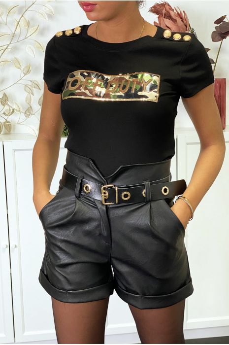T-shirt noir avec boutons doré au épaules et écriture OFF DUTY - 1