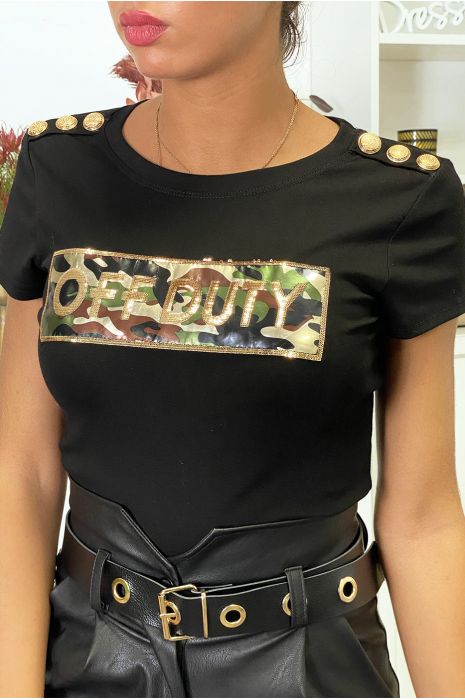 T-shirt noir avec boutons doré au épaules et écriture OFF DUTY - 2