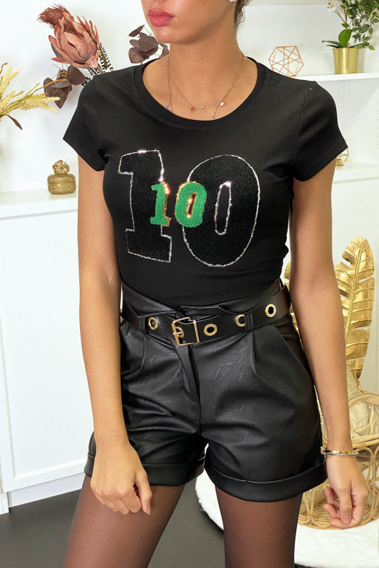 Black T-shirt with 10 moumouté writing and surrounded by silver rhinestone rhinestones - 1