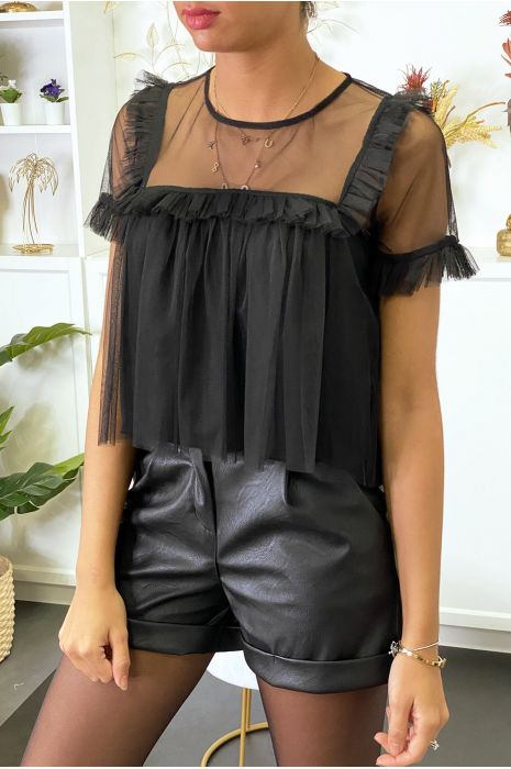 Blouse en voile doublé noir avec volant et froufrou - 1