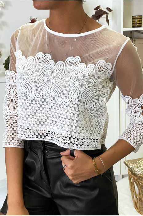 Magnifique blouse blanche brodé avec le buste en tulle - 2