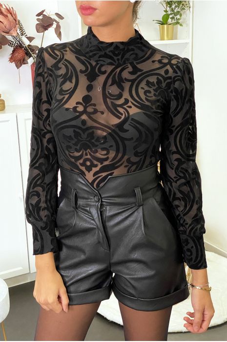 Haut noir en tulle avec magnifique motif en velours - 1
