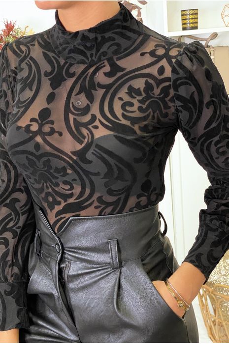 Haut noir en tulle avec magnifique motif en velours - 3