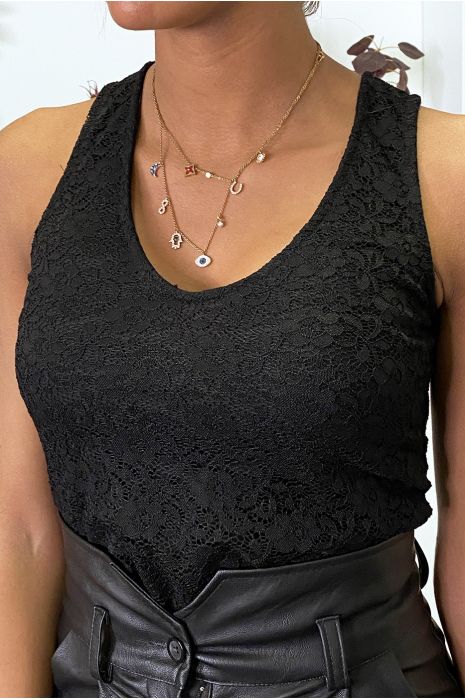 Body noir en dentelle avec broderie et lacet au dos - 2