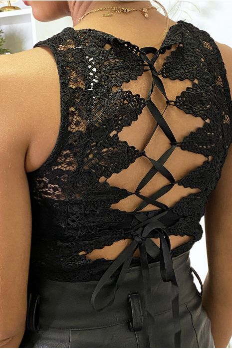 Body noir en dentelle avec broderie et lacet au dos - 4