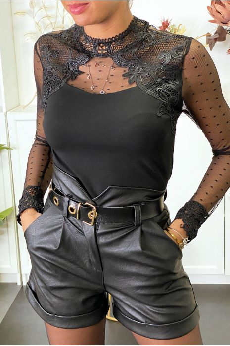 Magnifique haut noir avec buste et tulle et broderie - 2