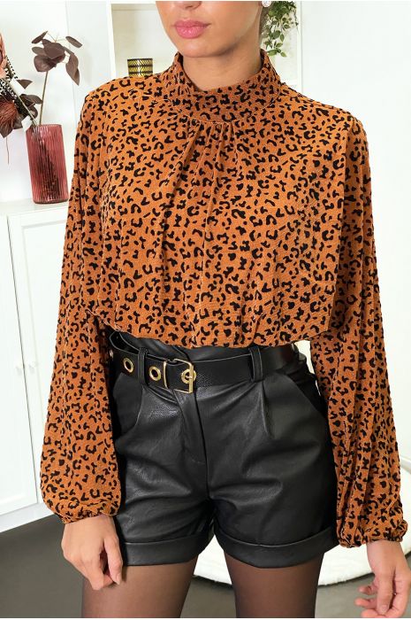 Blouse cognac à motif léopard doublé avec élastique à la taille - 1