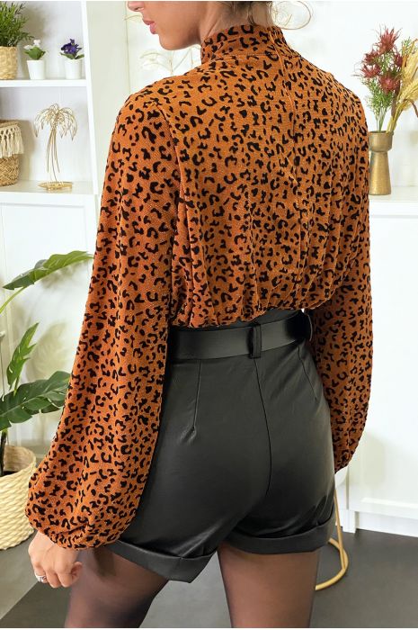 Blouse cognac à motif léopard doublé avec élastique à la taille - 4