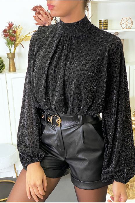 Blouse noir à motif léopard doublé avec élastique à la taille - 1
