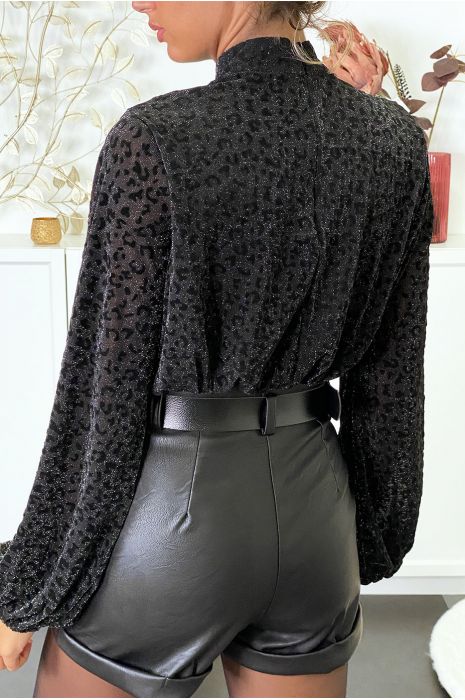 Blouse noir à motif léopard doublé avec élastique à la taille - 3