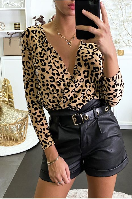 Body camel en tulle avec motif léopard en velours - 1