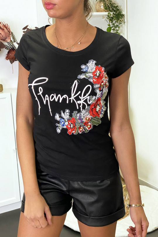 Black t-shirt with writing and embroidery on the front - 1