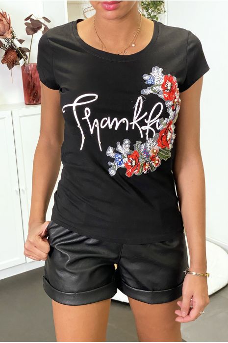 Tee shirt noir avec écriture et broderie à l'avant - 2