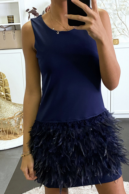 Navy evening dress with feathers at the bottom - 2