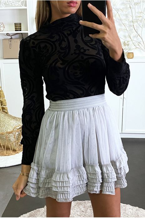 Gray tulle skirt with pleated flounce - 3