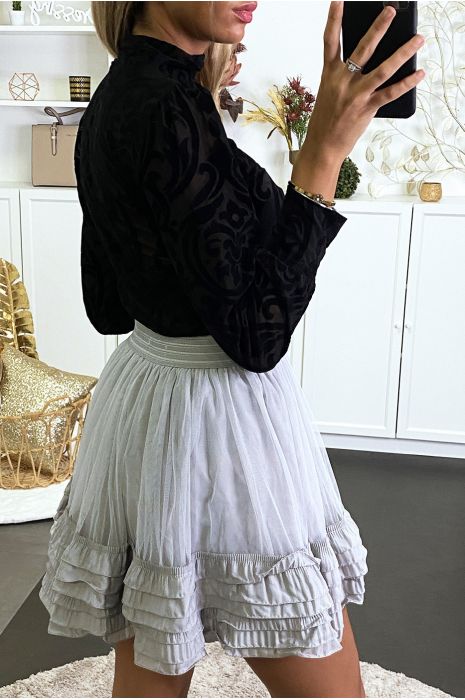 Gray tulle skirt with pleated flounce - 4