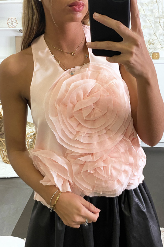 Top de soirée rose avec motif fleur en tulle Top de soirée rose avec motif fleur en tulle