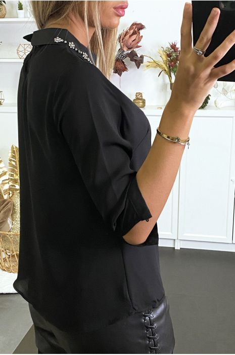 Chemisier noir à col claudine, noeud cravate et strass - 5