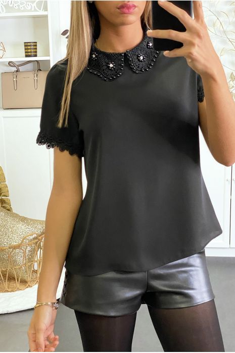 Chemisier noir en voilage  à col claudine à perles et strass - 1
