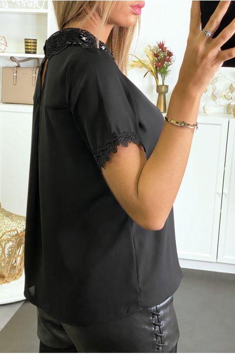 Chemisier noir en voilage  à col claudine à perles et strass - 3