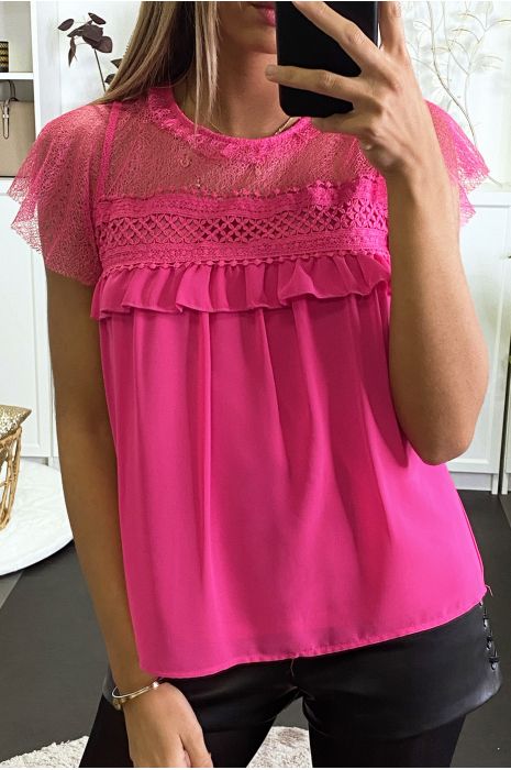 Blouse fuchsia avec volant et buste en dentelle - 1