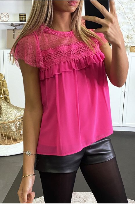 Blouse fuchsia avec volant et buste en dentelle - 2