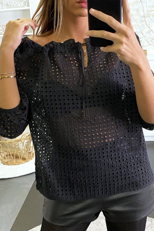 Zwarte kanten blouse met boothals en kant - 1