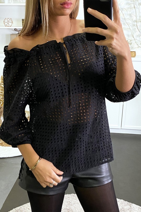 Zwarte kanten blouse met boothals en kant - 2
