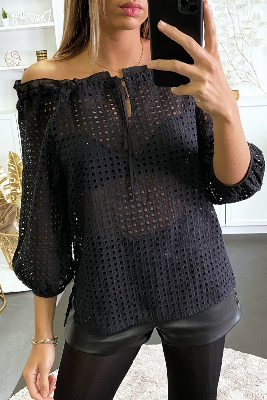 Zwarte kanten blouse met boothals en kant - 3