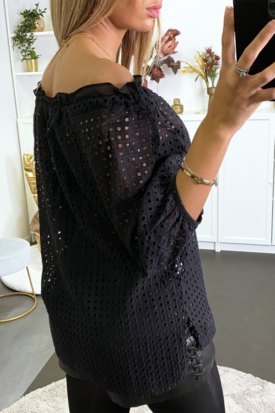 Zwarte kanten blouse met boothals en kant - 4