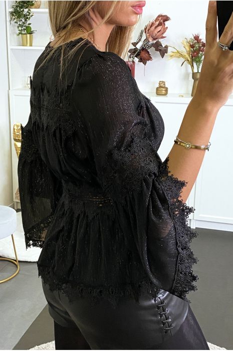 Blouse brillante en noir avec dentelle et volant - 4