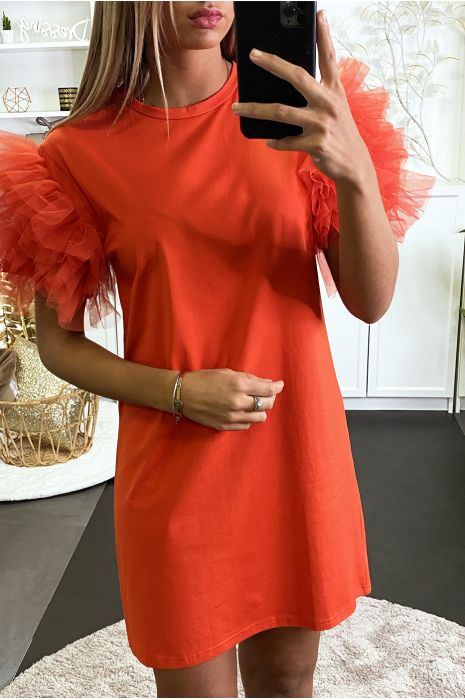 Robe teeshirt rouge unie avec froufou - 2