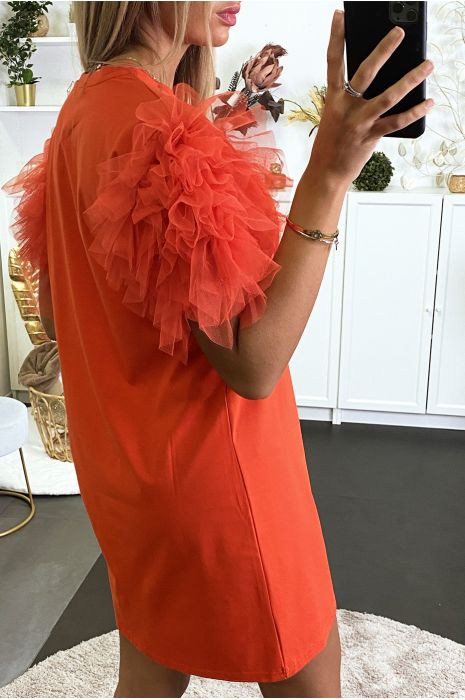 Robe teeshirt rouge unie avec froufou - 3