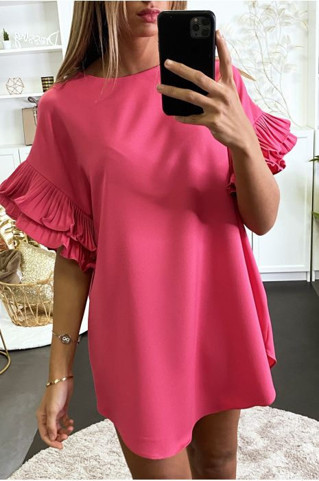 Robe tunique over size fuchsia avec plissé aux manches - 1
