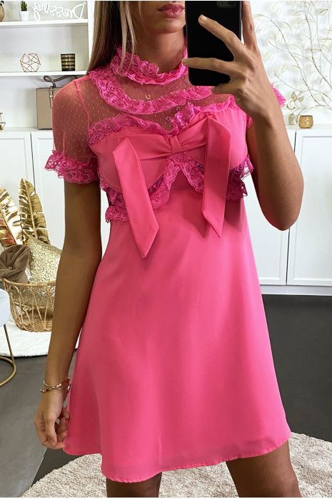 Fuchsia dress with lace at the bust - 2