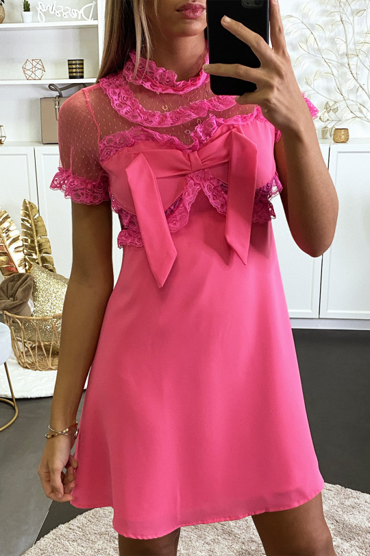 Fuchsia dress with lace at the bust - 2