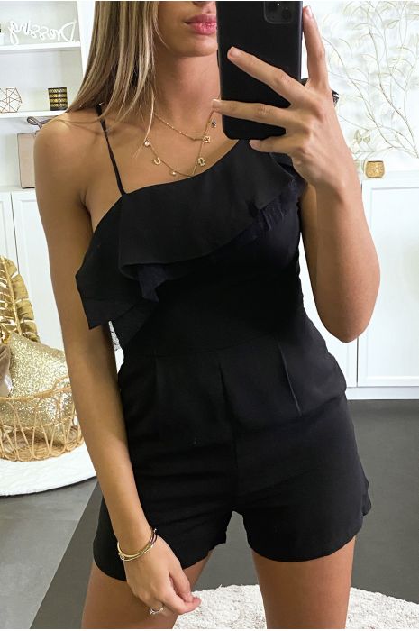 Combi-short noir croisé au buste avec volant et dentelle - 1