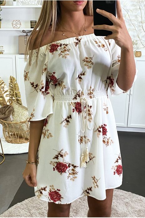 Robe beige à motif fleuris en col bateau avec élastique à la taille - 3