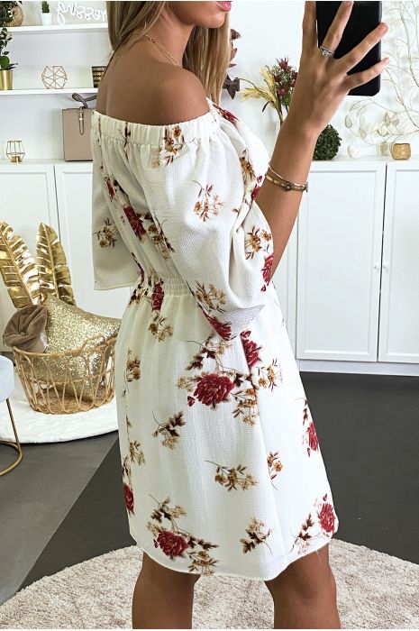 Robe beige à motif fleuris en col bateau avec élastique à la taille - 4