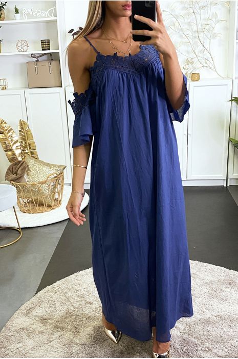 Longue robe marine avec bretelle et dentelle au buste - 2
