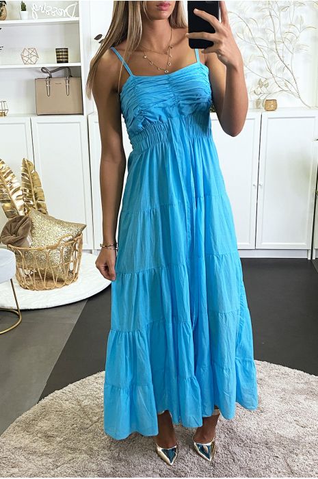 Longue robe turquoise à volant avec bretelle - 1