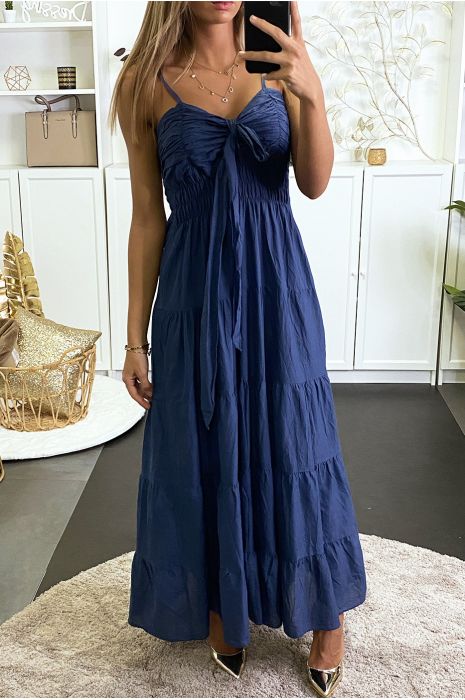 Longue robe marine à volant avec bretelle - 1