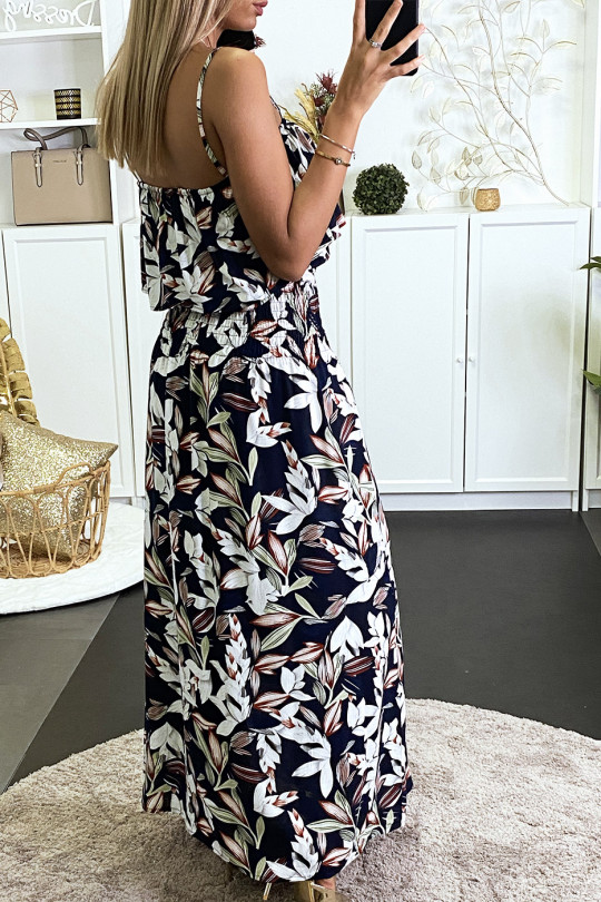Longue robe marine motif fleuris avec volant et élastique à la taille