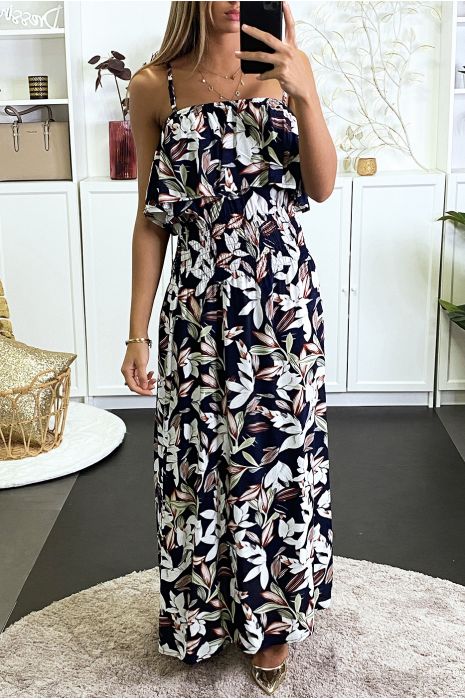 Longue robe marine motif fleuris avec volant et élastique à la taille - 2