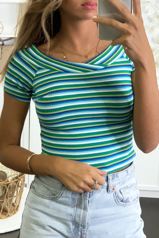 Blue T-shirt with crossed stripe at the bust - 2