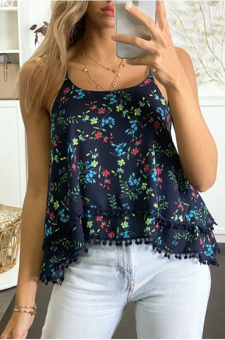 Débardeur marine à volant avec pompon - 1