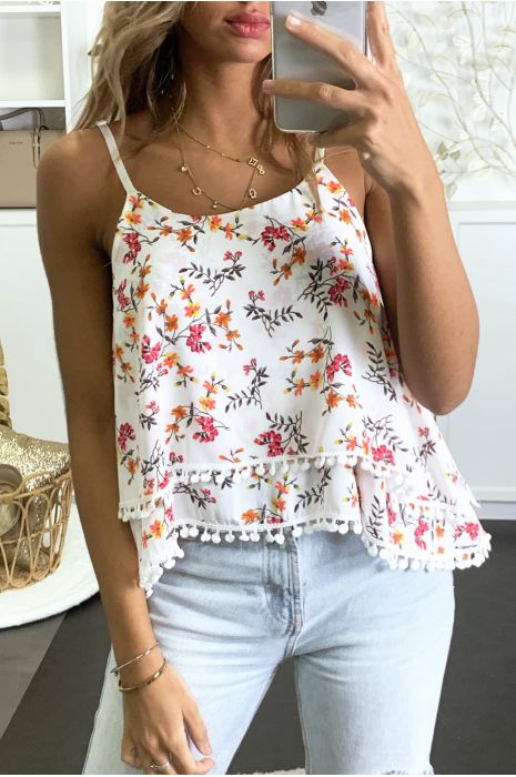 Débardeur blanc à volant avec pompon - 1